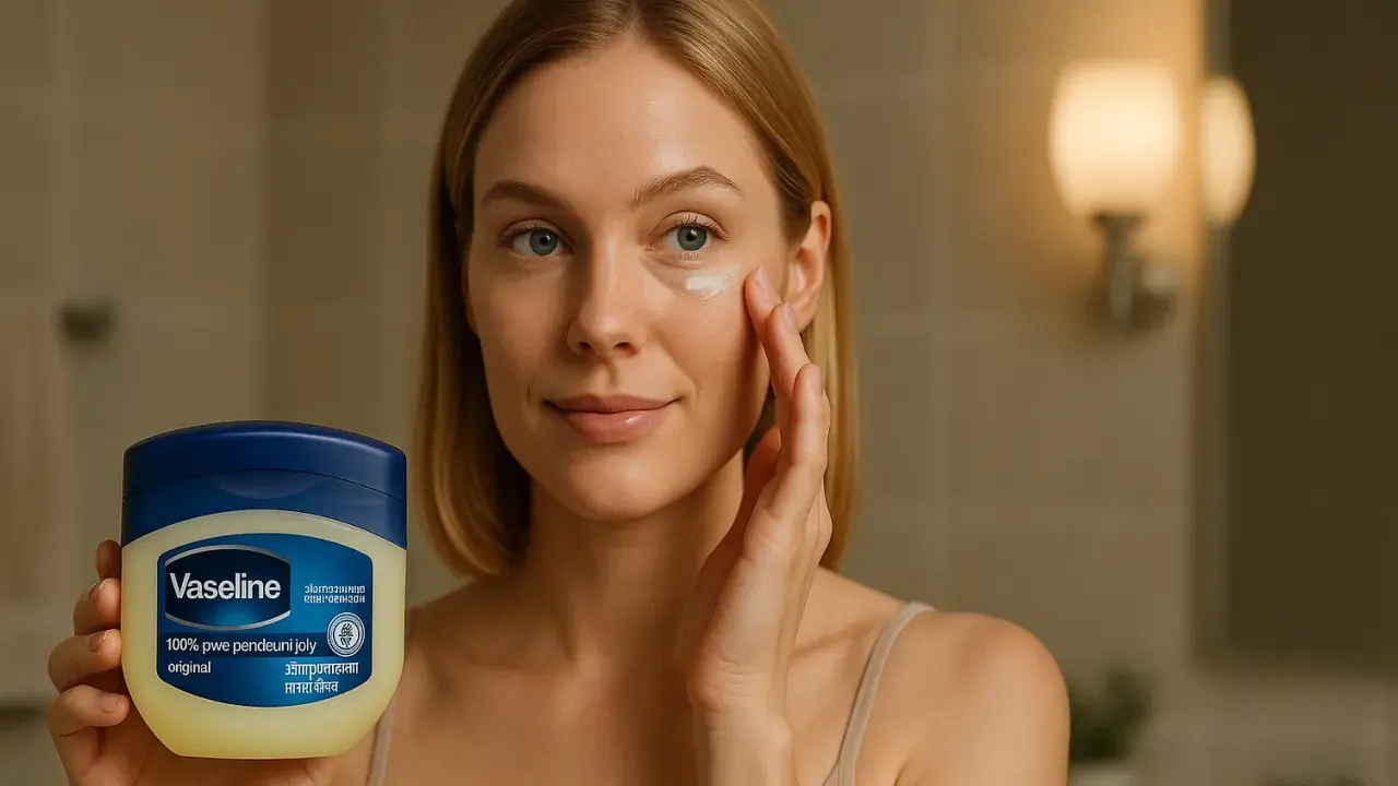 En kvinna applicerar vaselin i ansiktet, nära ögat. Hon håller en burk med Vaseline i handen.