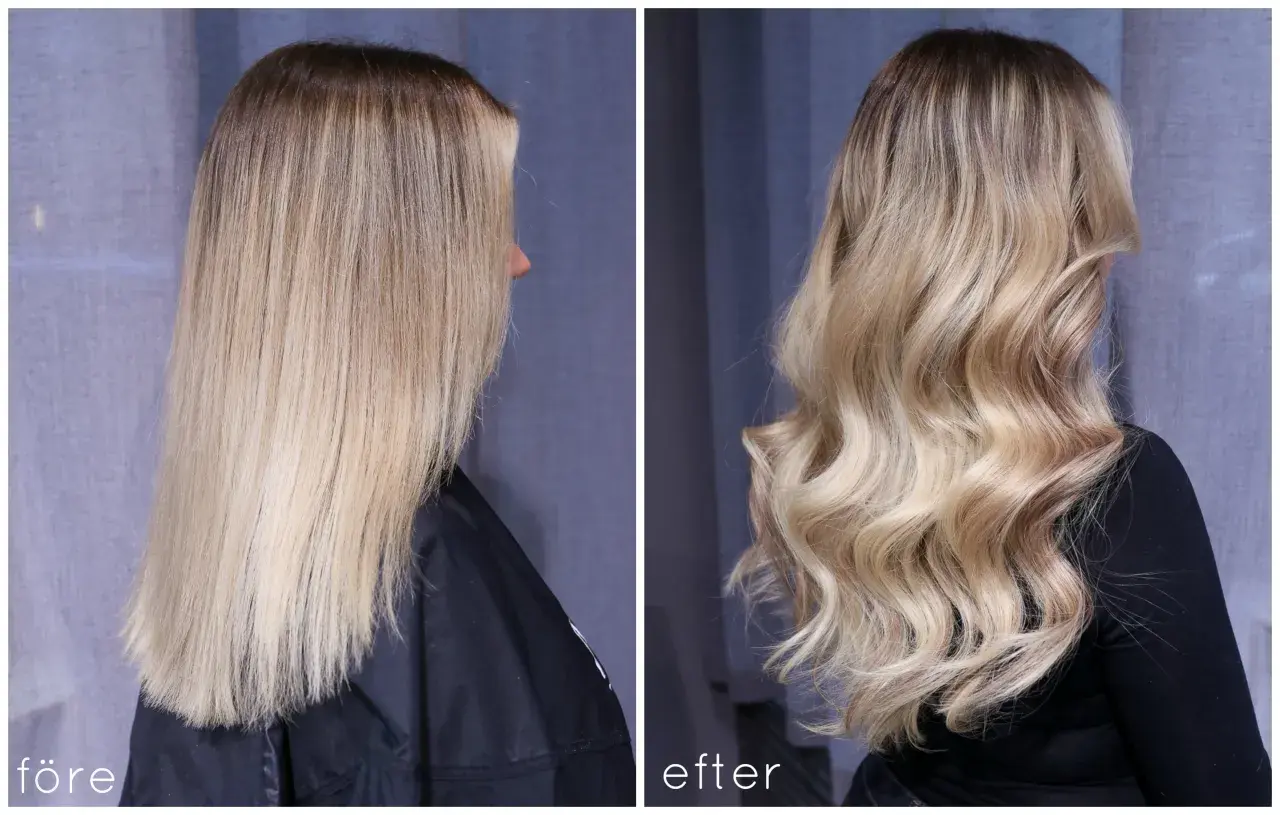 Före och efter-bilder visar en hårförvandling från brunett till blond. Håret har fått en ljusare, vågig stil.