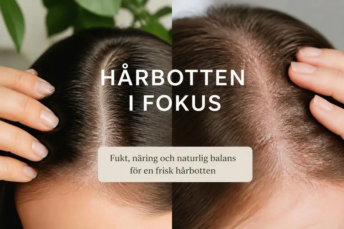 Två närbilder av hårbotten, en mörk och en ljus. Texten "Hårbotten i fokus" och "Fukt, näring och naturlig balans för en frisk hårbotten" antyder lösningar för torr hårbotten, huskur.