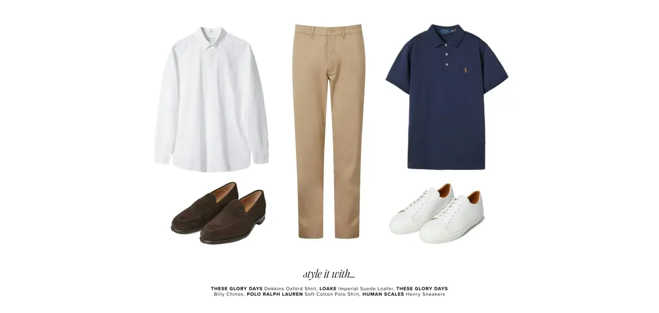 En vit skjorta, beiga chinos, mörkblå pikétröja, bruna loafers och vita sneakers. Perfekt för en avslappnad men stilren look.