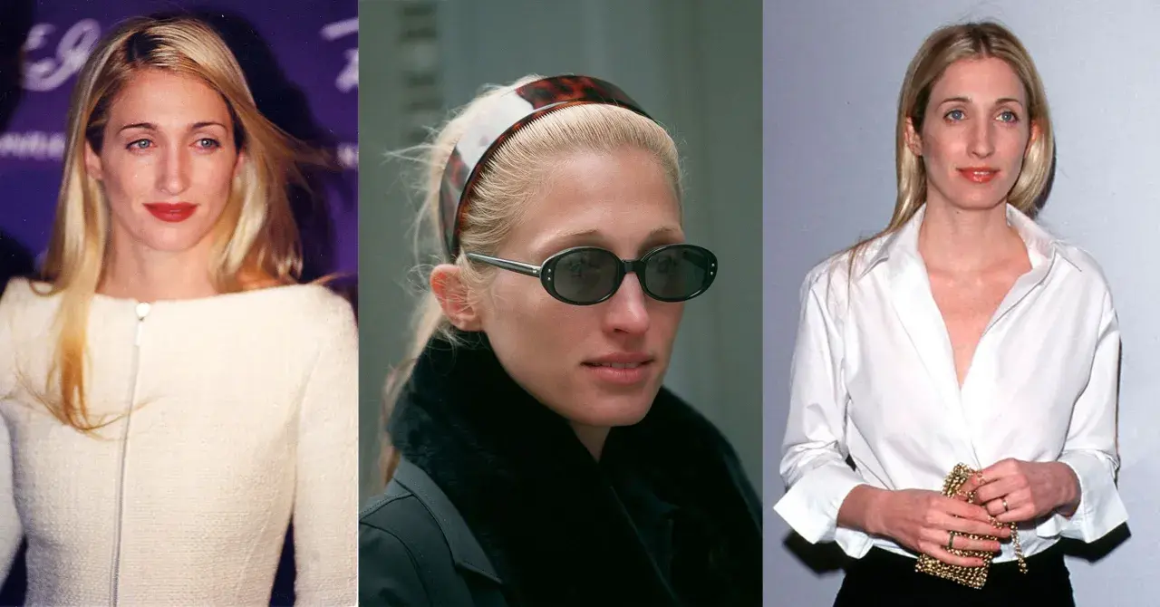 Carolyn Bessette-Kennedy i tre olika stilar: en med vit jacka, en med solglasögon och pannband, och en med vit skjorta.