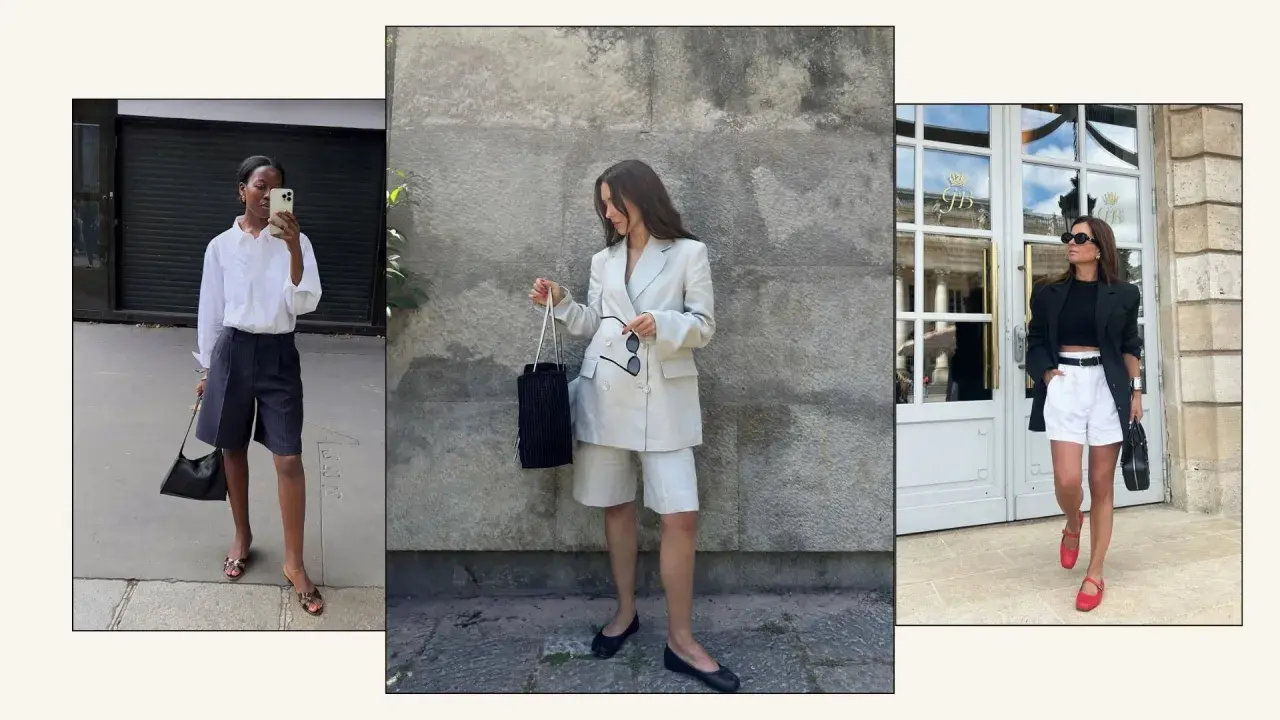 Tre kvinnor visar upp stilfulla vita shorts i olika outfits. En bär randiga shorts, en annan en helvit kostym med shorts, och den tredje en svart blazer med vita shorts.