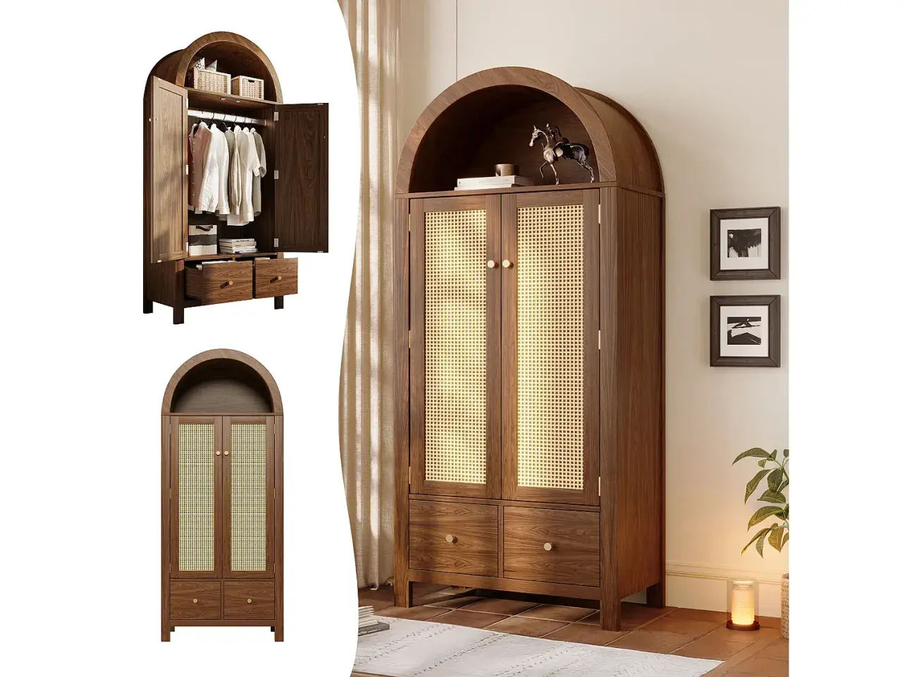 A wooden wardrobe with a curved top, cane doors, and drawers.