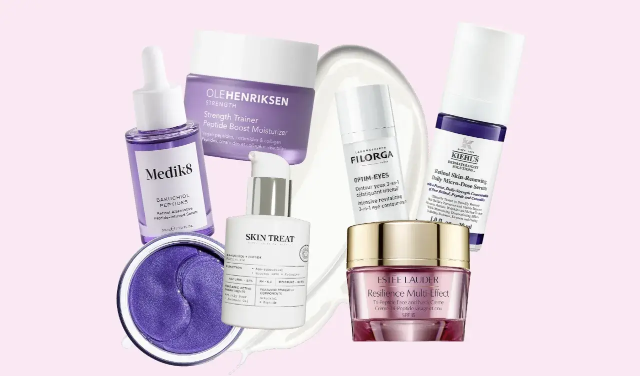 En samling hudvårdsprodukter med fokus på peptider, inklusive serum och krämer från märken som Medik8, Kiehl's och Estée Lauder.