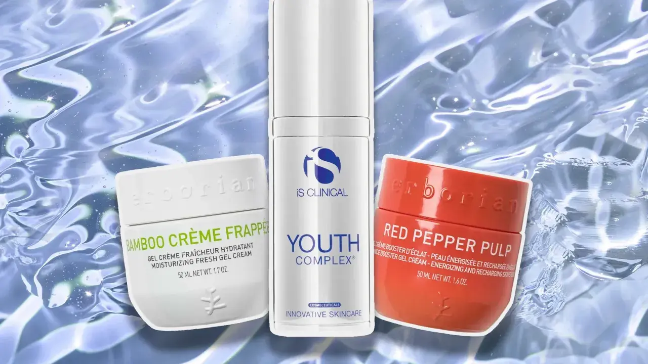 Tre hudvårdsprodukter: Erborian Bamboo Crème Frappée, iS Clinical Youth Complex och Erborian Red Pepper Pulp. Ingredienser som sodium hyaluronate återfuktar huden.