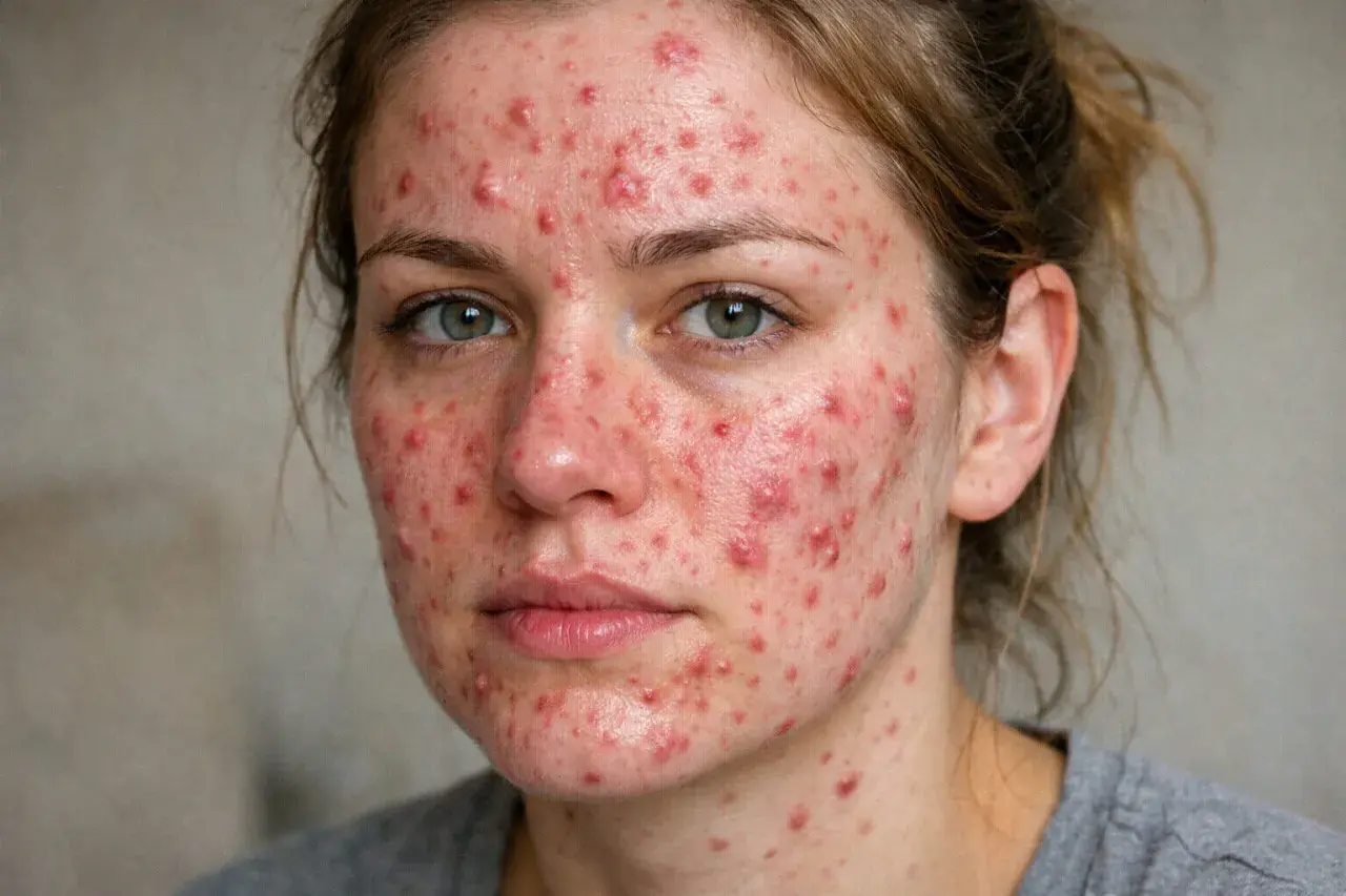 Ansiktsutslag med rodnad och finnar, möjligen relaterat till perioral dermatit och stress.