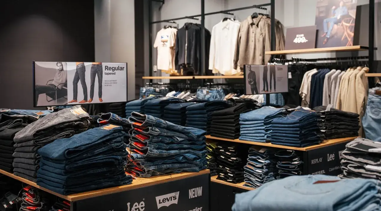 Staplade jeans i olika tvättar och modeller, inklusive "regular tapered" och "slim". En skylt visar olika passformer.