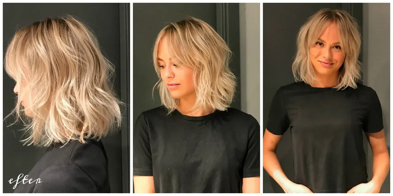 En kvinna med blont, lockigt hår och gardinlugg. Håret är stylat i en modern lob med textur.