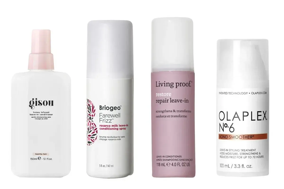 Fyra leave-in produkter för hårvård: Gisou, Briogeo, Living Proof och Olaplex. Perfekt för att ge ditt hår det där lilla extra.