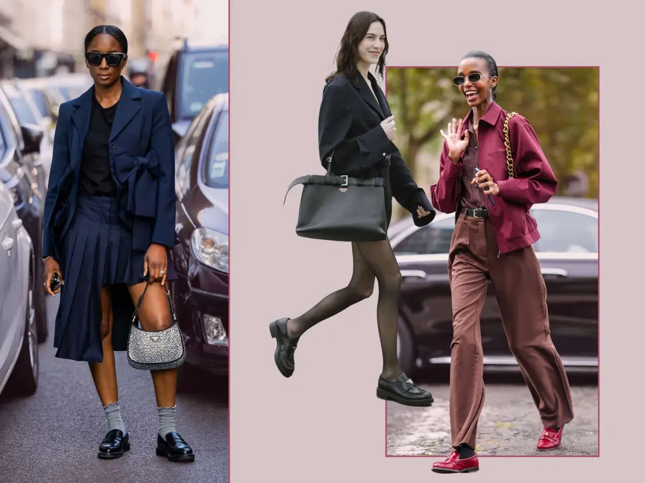Tre damer visar upp snygga loafers dam outfit. En bär en marinblå kavaj och veckad kjol, en annan en svart kavaj med strumpbyxor, och den tredje en vinröd jacka med bruna byxor.
