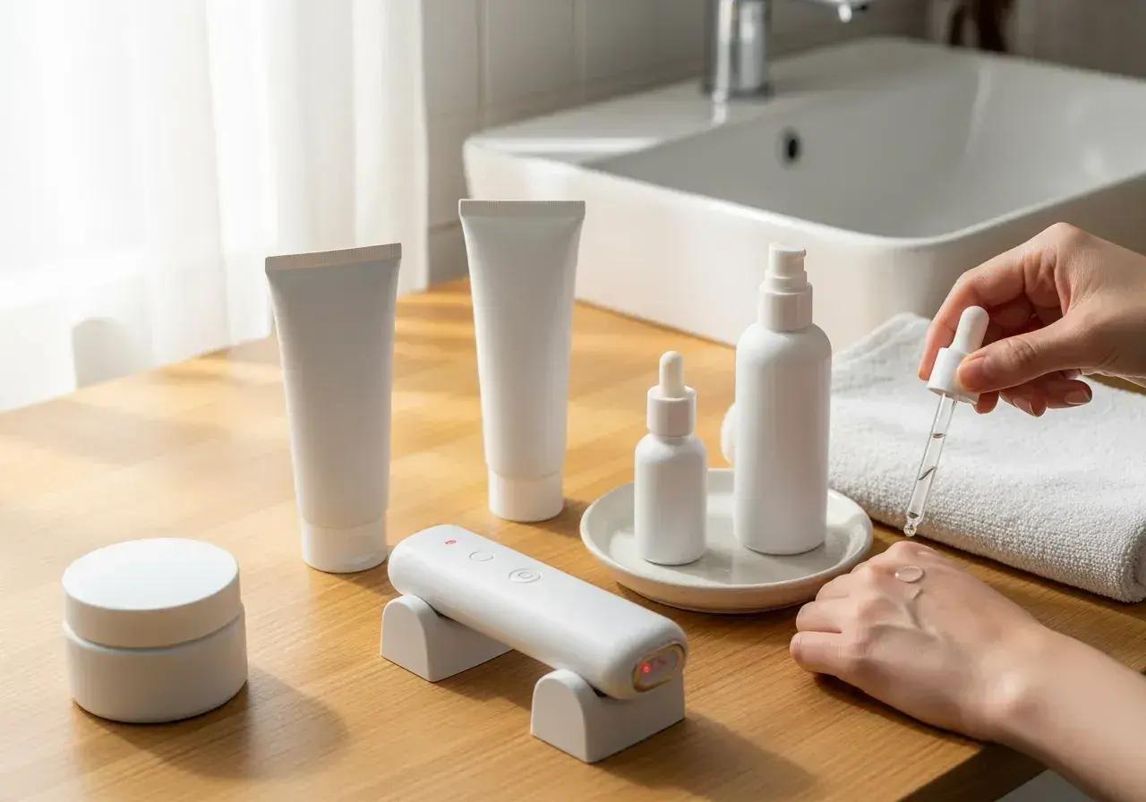 Hudvårdsprodukter, inklusive en droppflaska med serum, en apparat och tuber. Perfekt för att bekämpa retinol akne.