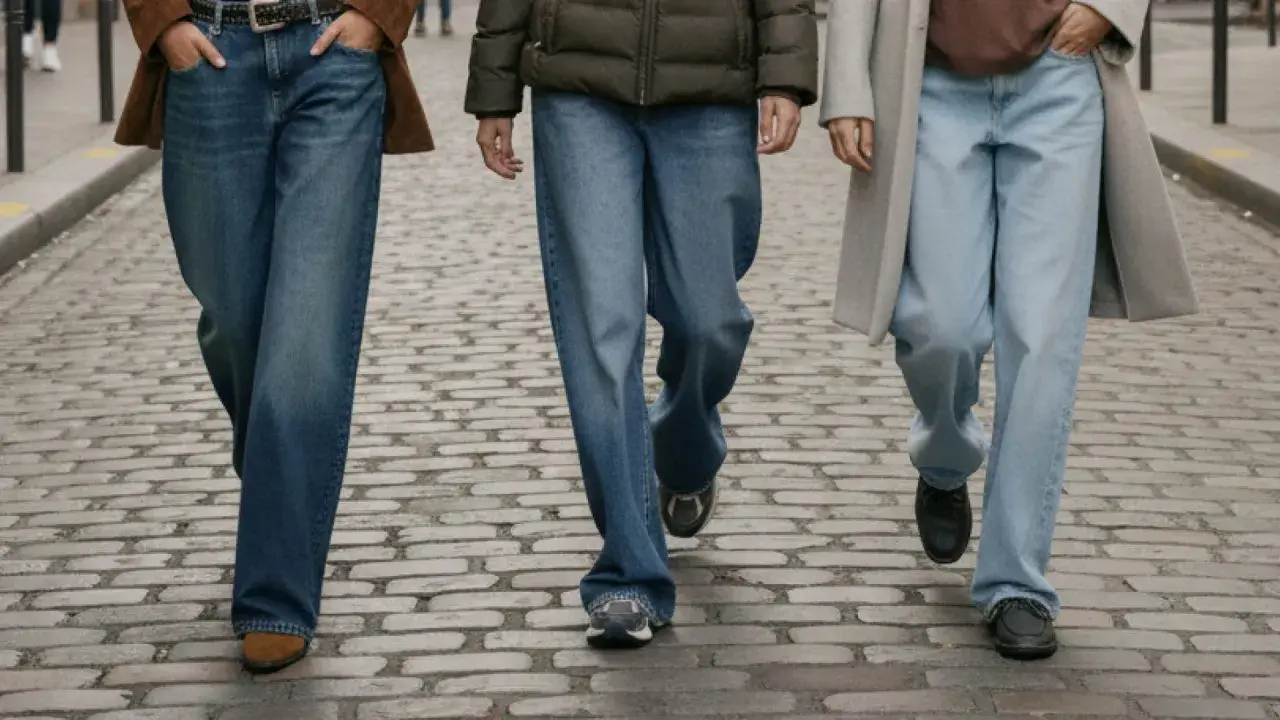 Tre personer går på kullerstensgata, alla klädda i vida jeans. Deras skor, från sneakers till loafers, kompletterar looken perfekt.