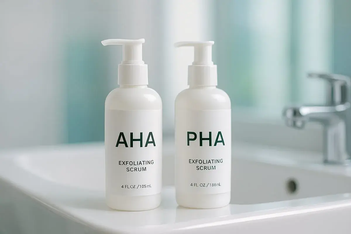 Två vita flaskor med AHA och PHA exfolierande serum står på en diskbänk. Perfekt för en hudvårdsrutin, även om du är gravid.