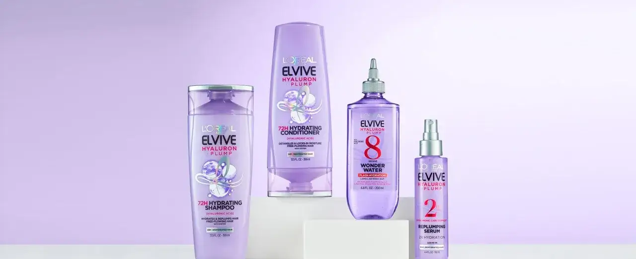 L'Oréal Elvive Hyaluron Plump-produkter för hår, inklusive schampo, balsam,