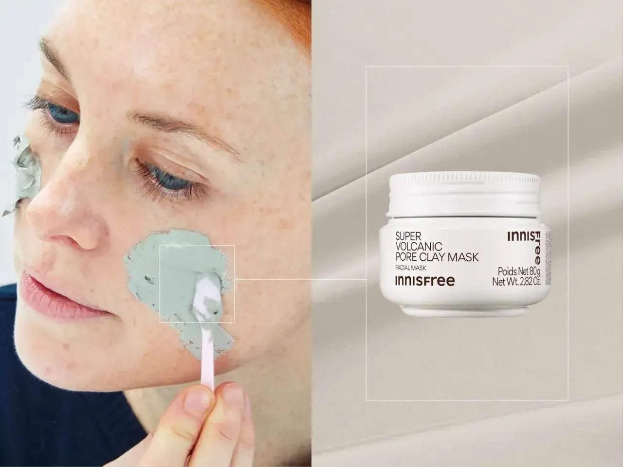 Ansikte med grön lermask som appliceras, perfekt för att rengöra porer. Bredvid syns en burk av Innisfree Super Volcanic Pore Clay Mask.