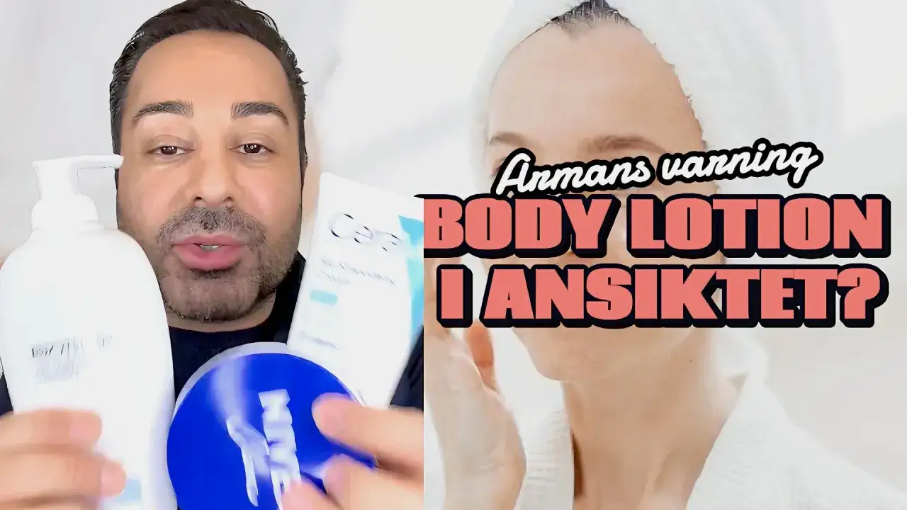 Man visar upp produkter för hudvård, inklusive en stor flaska body lotion. Texten