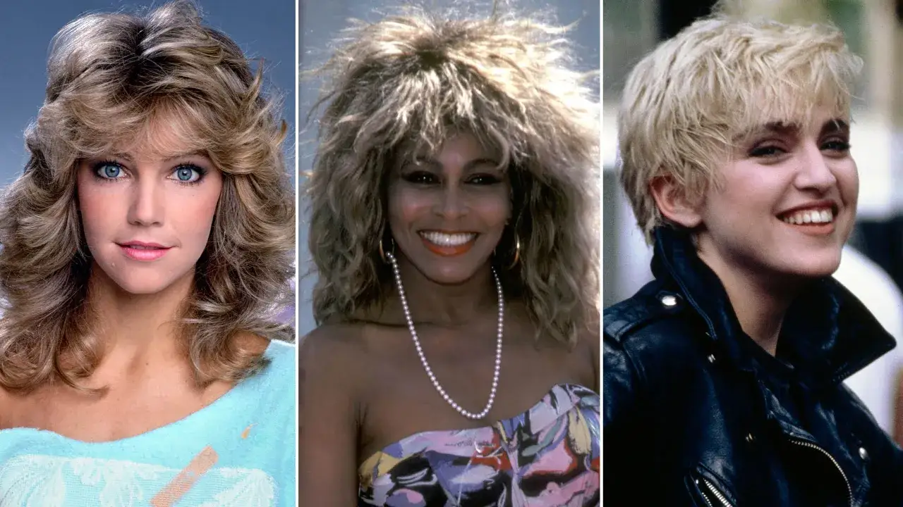 Tre ikoner med ikoniska 80-tals frisyrer: en tjej med volumin&ouml;st blont h&aring;r, Tina Turner med sitt karakt&auml;ristiska yviga h&aring;r och en ung Madonna med kort, blont h&aring;r.