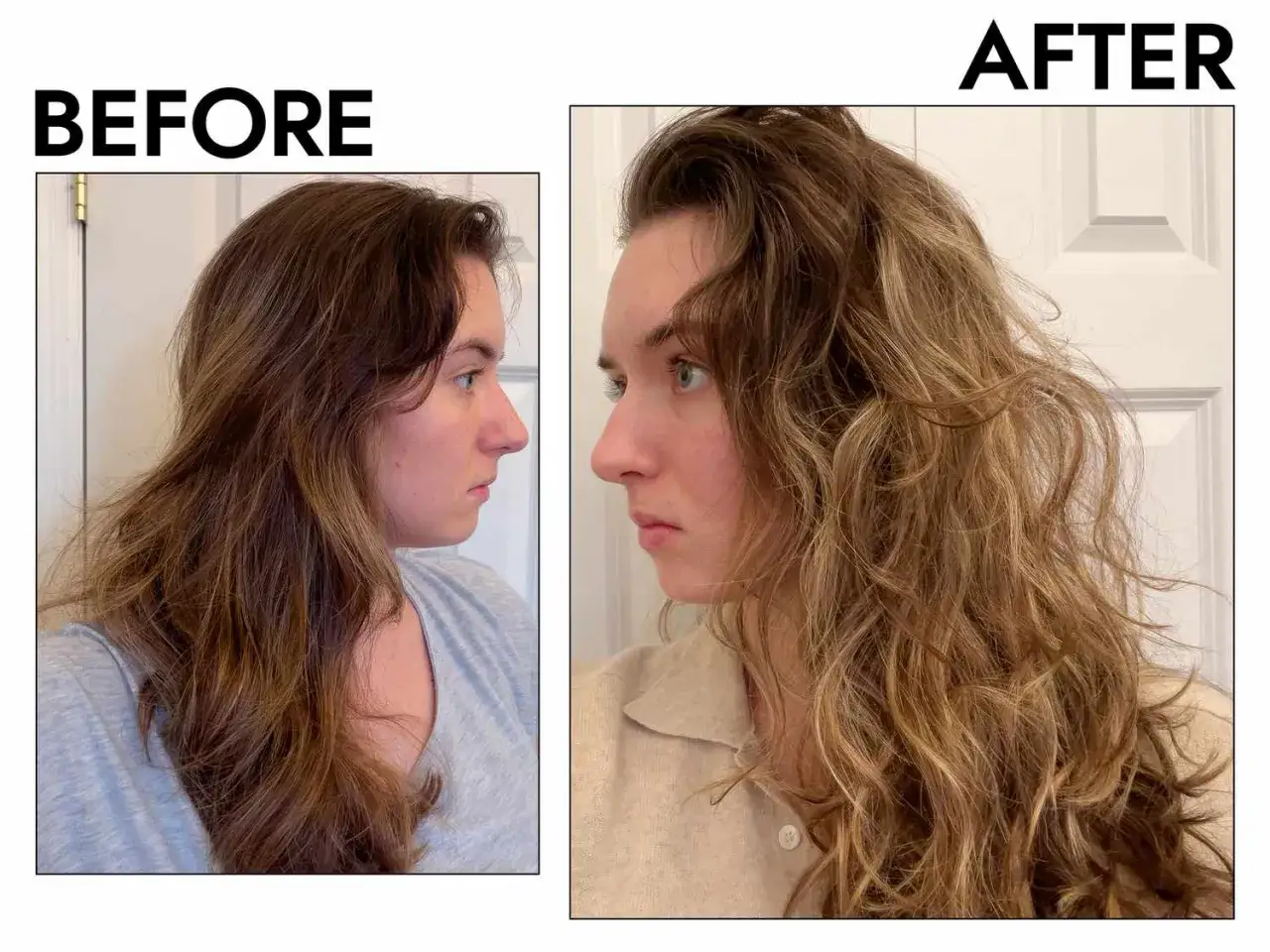 Före och efter-bilder på en kvinna med rakt hår som blivit vågigt efter hår botox.