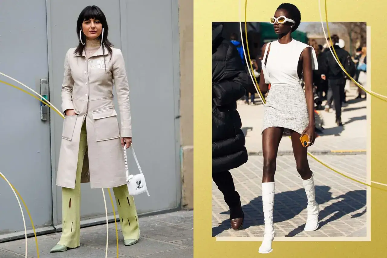 Två kvinnor visar upp modern 60-tals mode. Den ena bär en beige trenchcoat och ljusgröna byxor, den andra en vit topp och tweedkjol med vita stövlar.