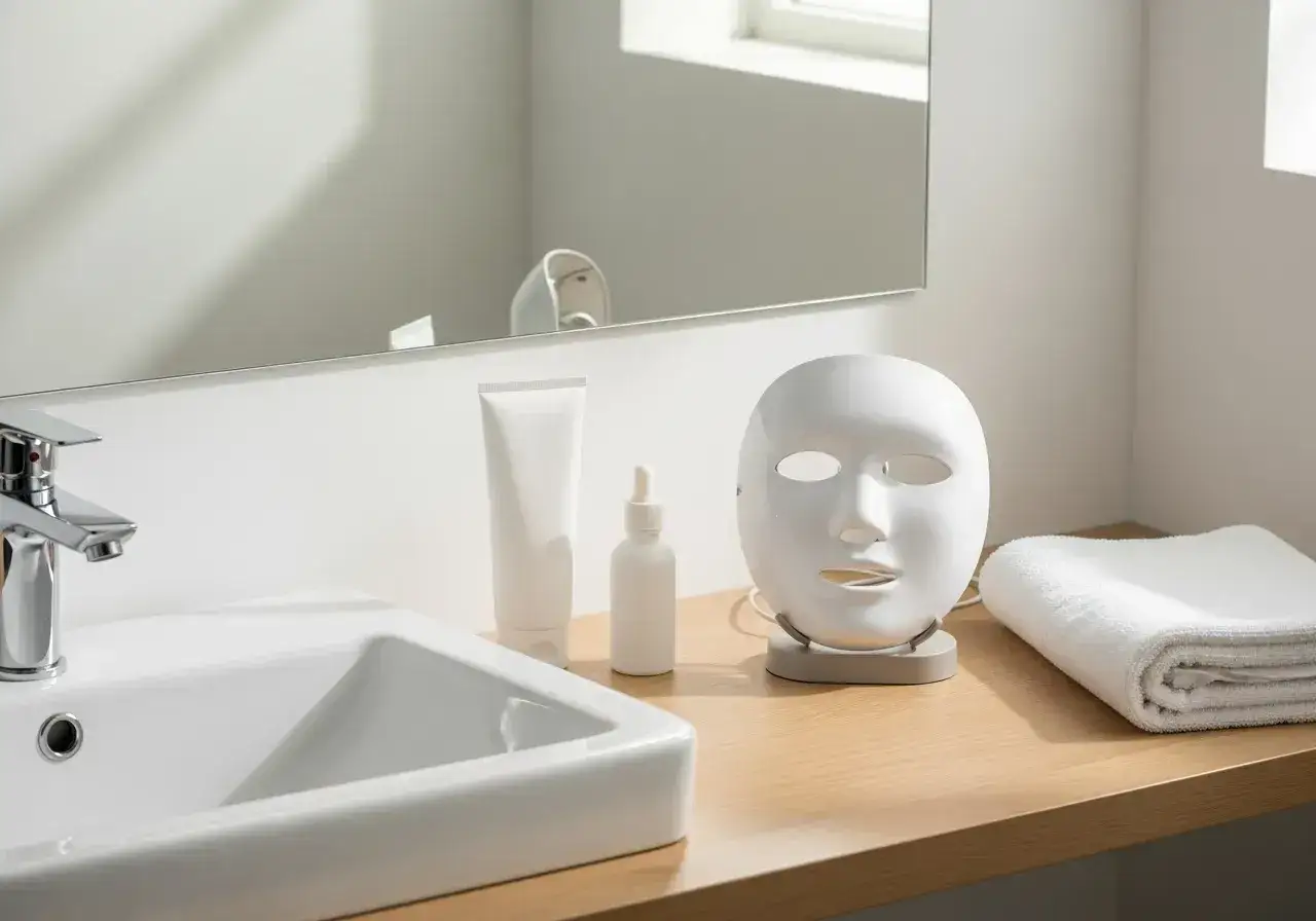 Ansiktsmask f&ouml;r behandling av fet hy, tillsammans med hudv&aring;rdsprodukter och en handduk p&aring; en b&auml;nkskiva vid ett handfat.