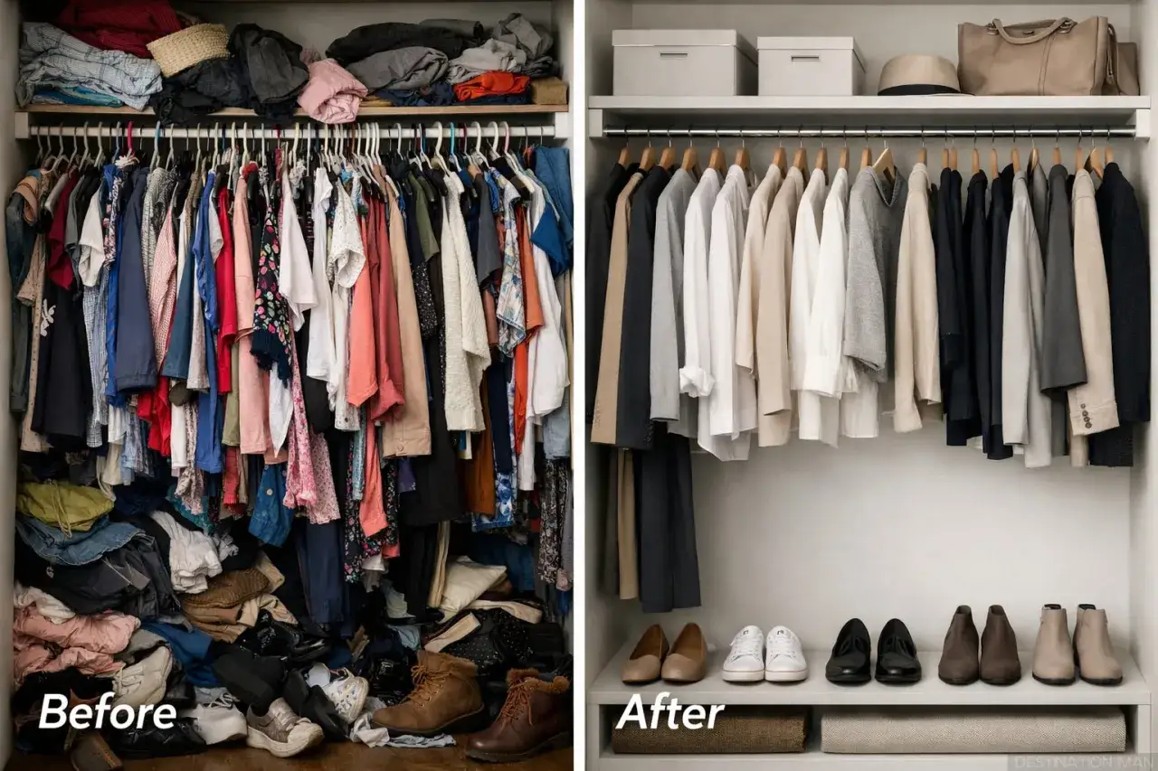 F&ouml;re och efter en garderob som genomg&aring;tt en total glow up. Fr&aring;n kaos till ordning med snyggt upph&auml;ngda kl&auml;der och organiserade skor.