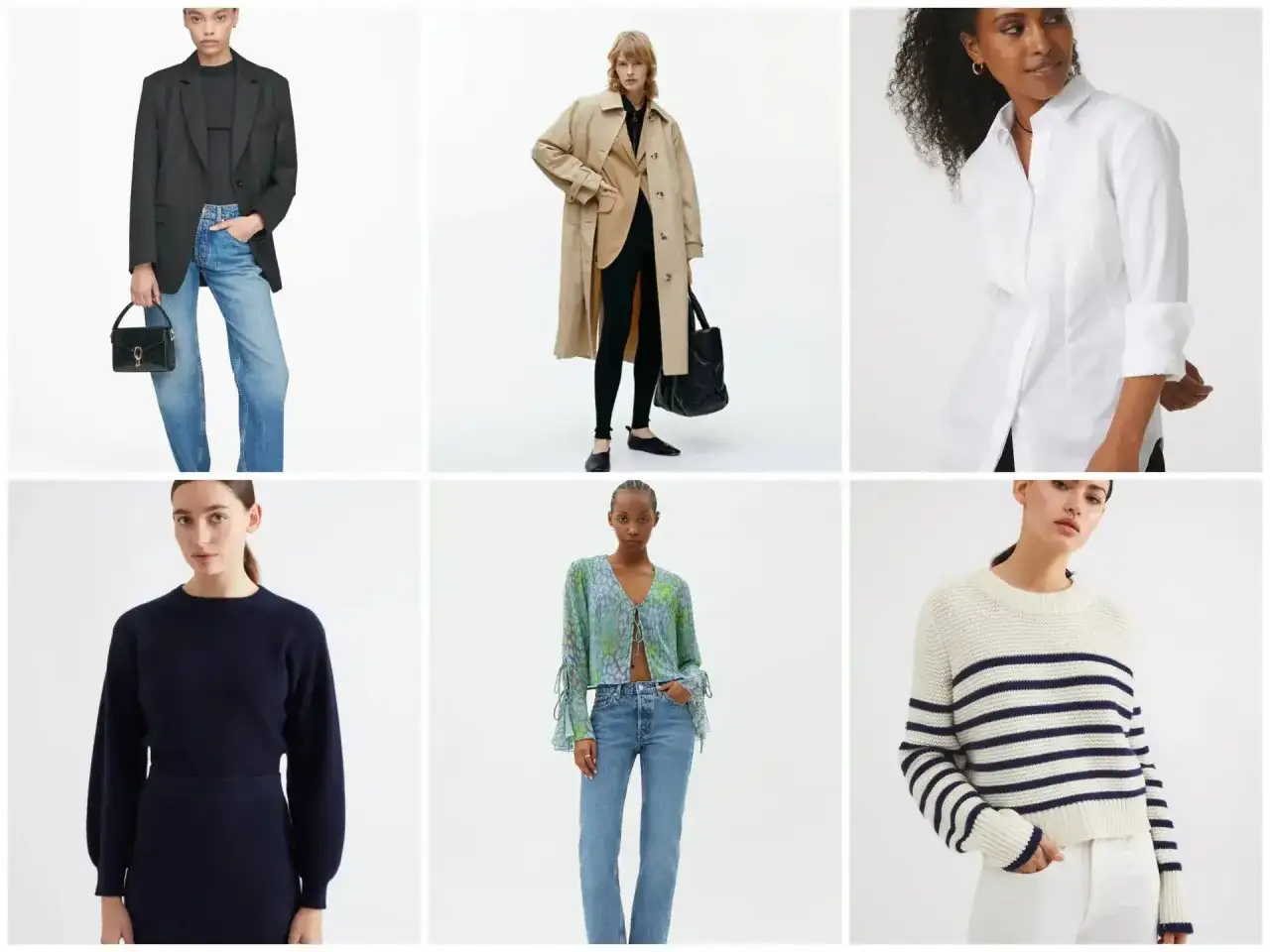 Kläder för en tidlös basgarderob kvinna 50: kavaj, trenchcoat, skjorta, stickade tröjor och jeans.