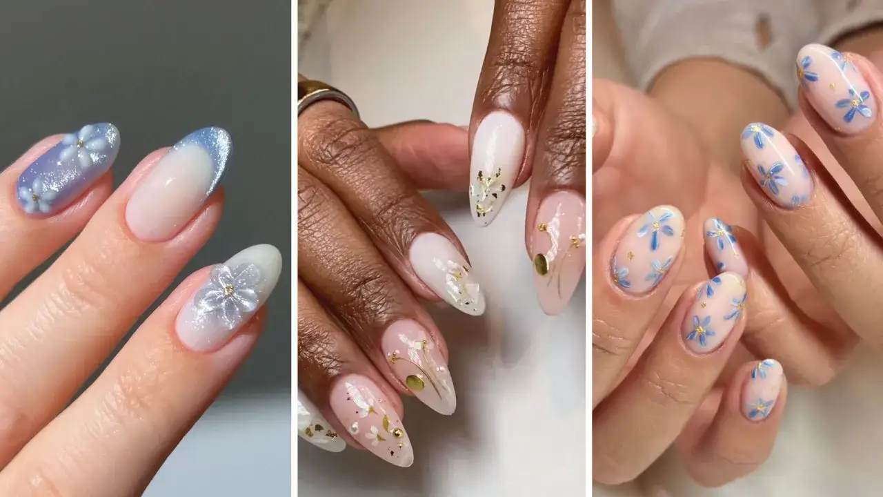 Vackra naglar med blommor i olika stilar. En del har små blå blommor, andra har mer detaljerade blomsterdesigner med glitter och gulddetaljer.