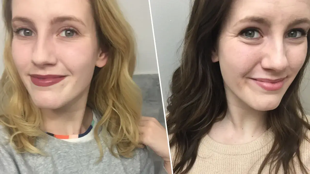 Två närbilder på en kvinna, först med blont hår och sedan med mörkare, brunett hår.