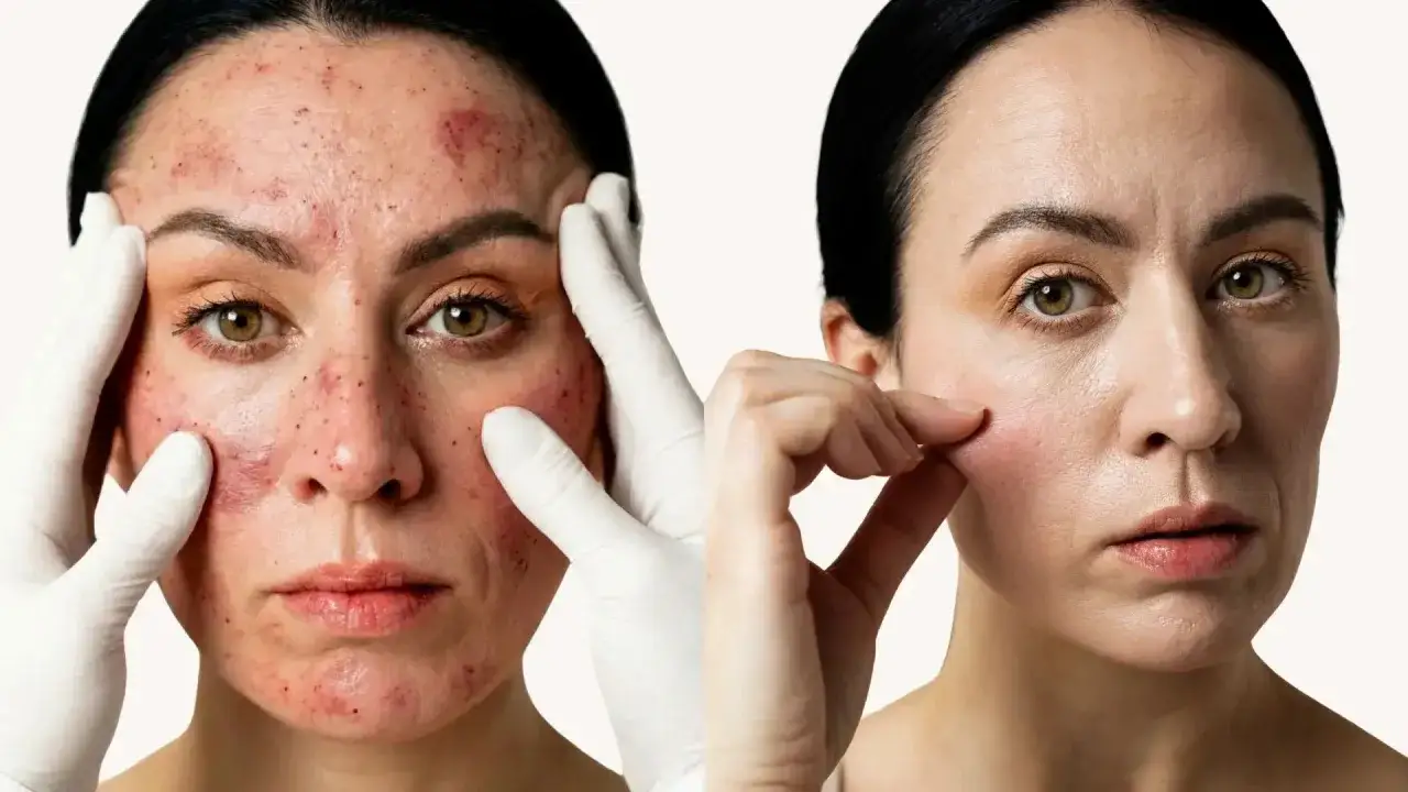 Före- och efterbilder på en kvinna med hudproblem. Till vänster syns en röd, prickig hud som behandlas. Till höger en slätare hud. Dermapen fungerar inte för alla.