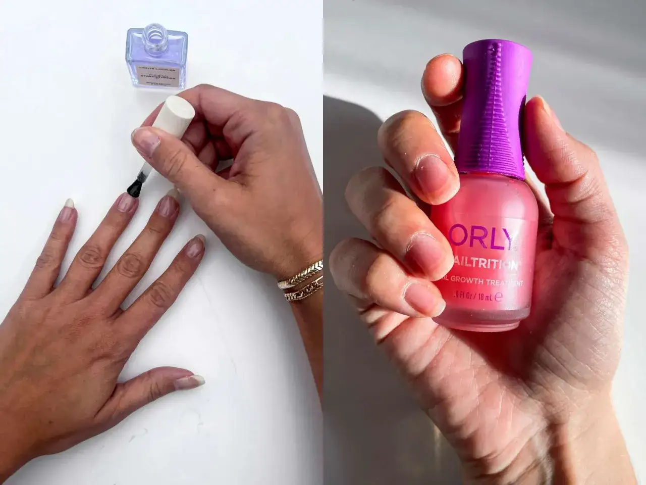 Händer applicerar nagelförstärkare för att motverka spruckna naglar. En flaska med rosa nagelbehandling syns också.