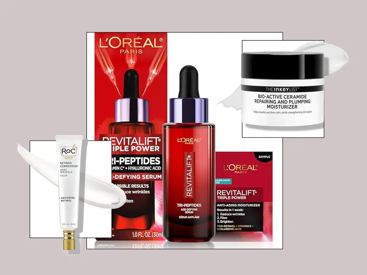 Hudvårdsprodukter för att minska veck på halsen: L'Oréal Revitalift serum och fuktkräm, RoC Retinol Correxion och The Inkey List fuktkräm.