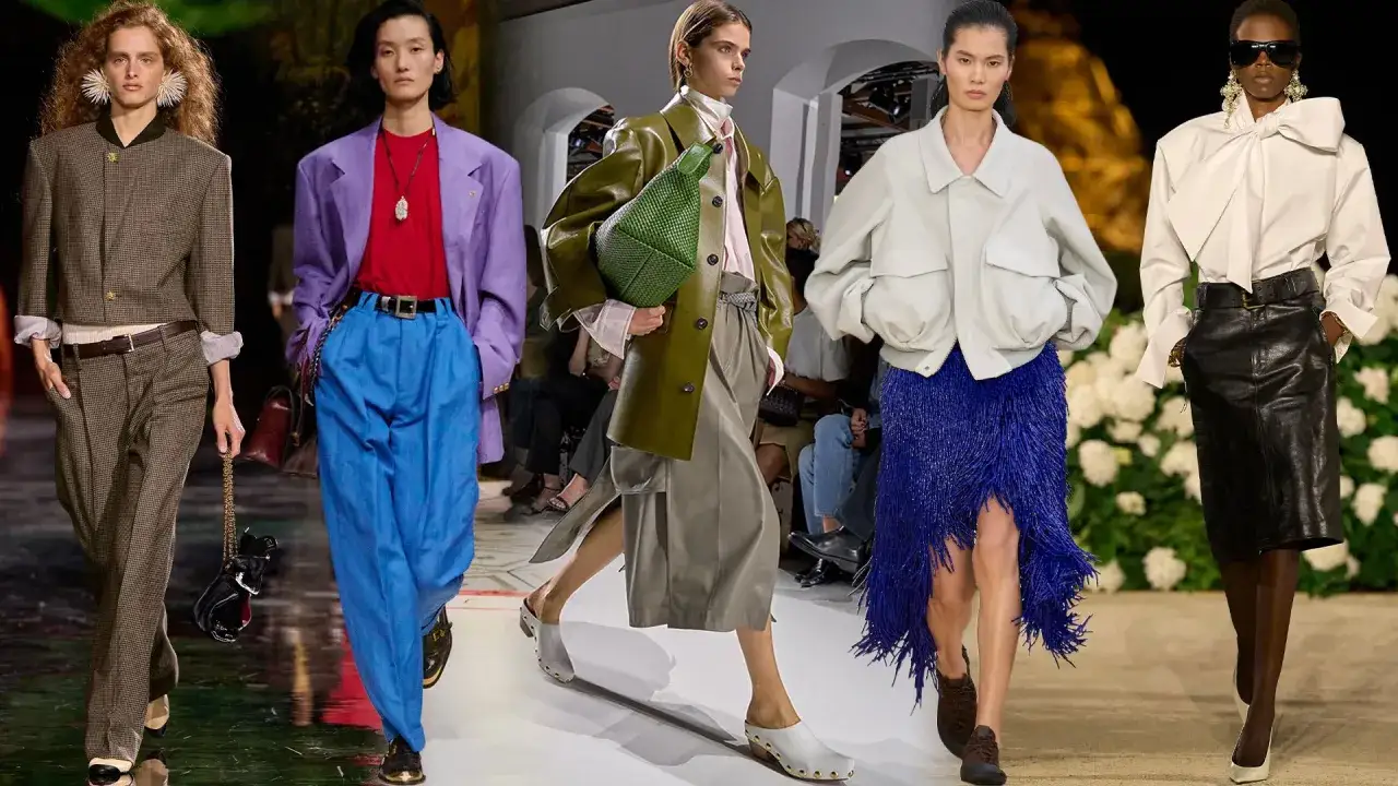 V&aring;rmode 2026 dam: modeller visar upp trendiga outfits med vida byxor, l&auml;derkjol och f&auml;rgstarka accessoarer.