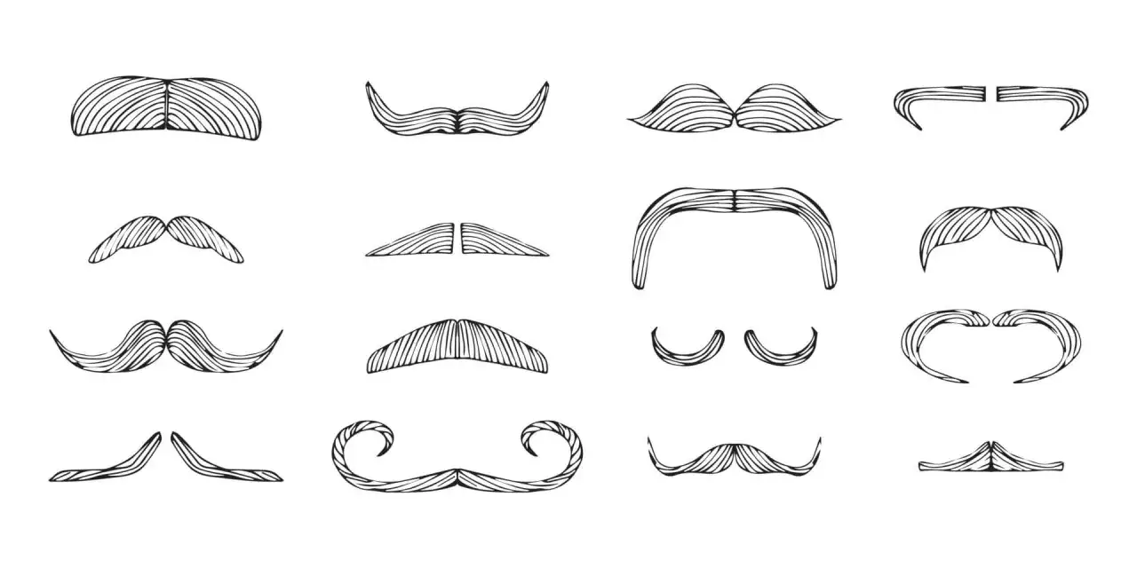 En samling illustrationer av olika mustasch stilar, från klassiska till mer fantasifulla.