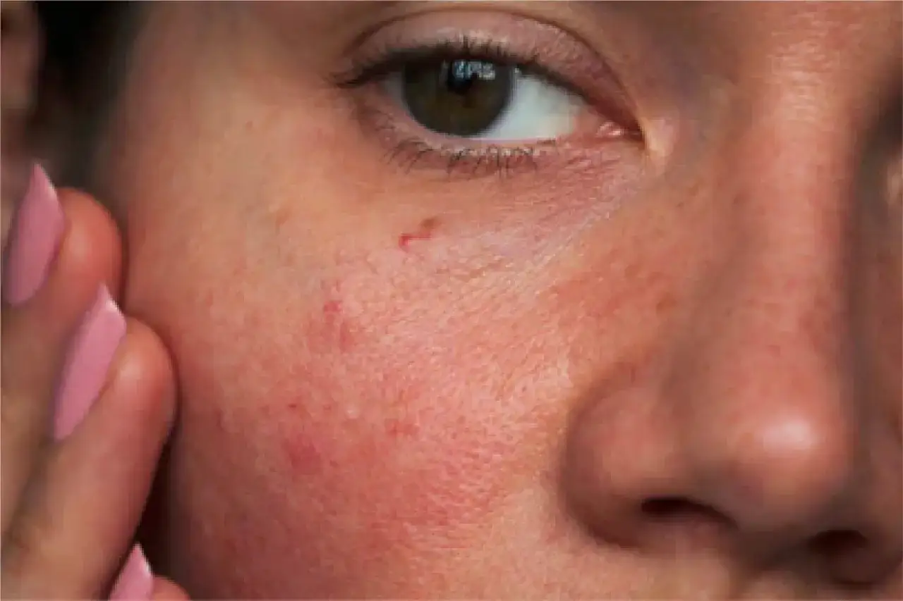 Nära bild på en persons kind med rodnad och små utslag, möjligen niacinamide biverkningar. En hand med rosa naglar syns i förgrunden.