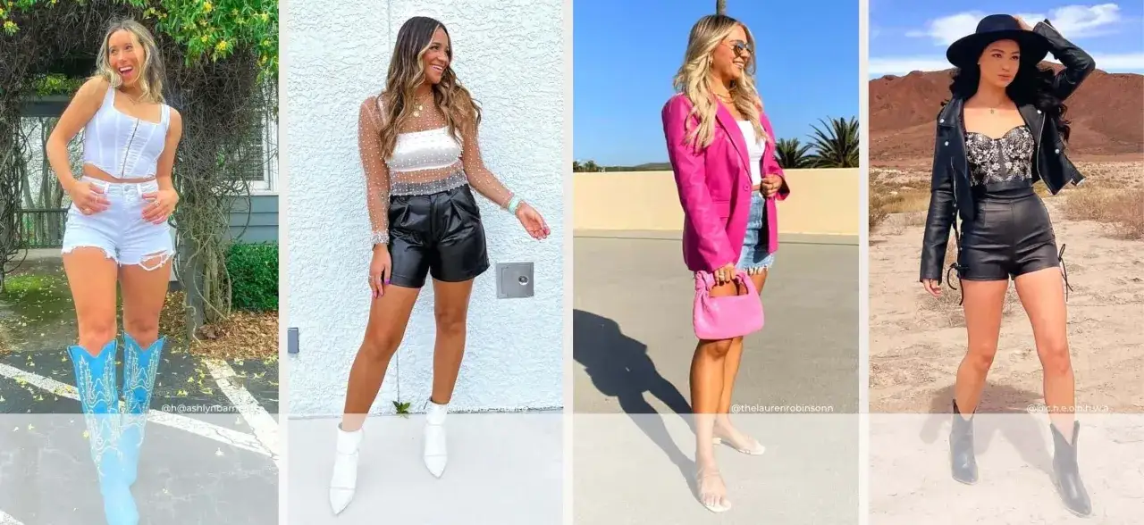 Fyra kvinnor visar upp olika stilar med shorts. En bär vita slitna shorts, en annan svarta lädershorts, och två andra har också shorts som en del av sina outfits.