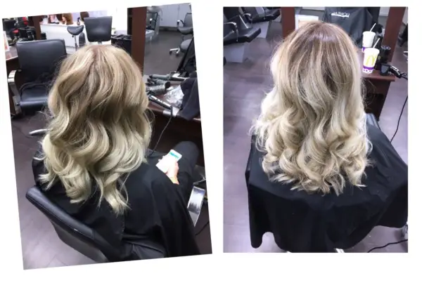 Vackert blont hår med mjuka vågor, perfekt för att locka håret för en festlig look.